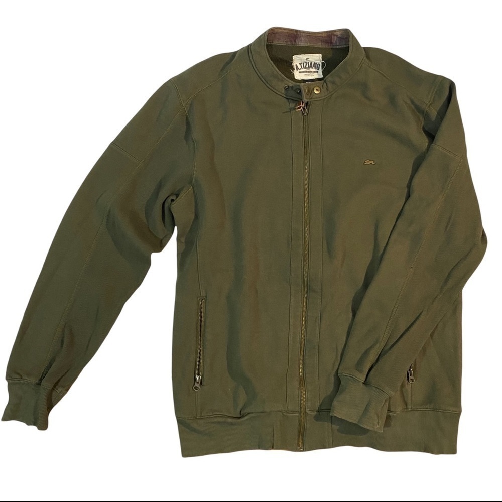 A. Tiziano khaki green full zip snap collar sweatshirt